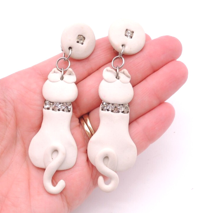 White Cat Kitty Earrings READ Vintage 80s Clay Ceramic Rhinestone Dangle Clip-On