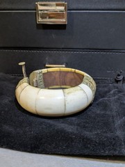 Vintage Bone And Brass Hinged Bracelet With Pin Closure