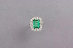 Art Deco Style Lab Created Green Emerald & Diamond Anniversary 925 Silver Ring