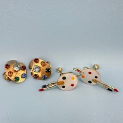 Vintage Artist Painter Pallet Earrings Lot MOP Multicolor Rhinestone Paint Brush