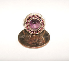 Art Deco Dainty Sterling Silver Adjustable Simulated Amethyst Glass Halo Ring 7