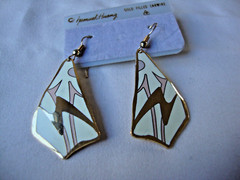 VINTAGE SAMUEL HUANG CLOISONNE RETRO ABSTRACT GRAY PINK & CREAM EARRINGS