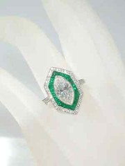 Art Deco Vintage Style Marquise Lab Created Diamond Emerald Wedding Silver Ring