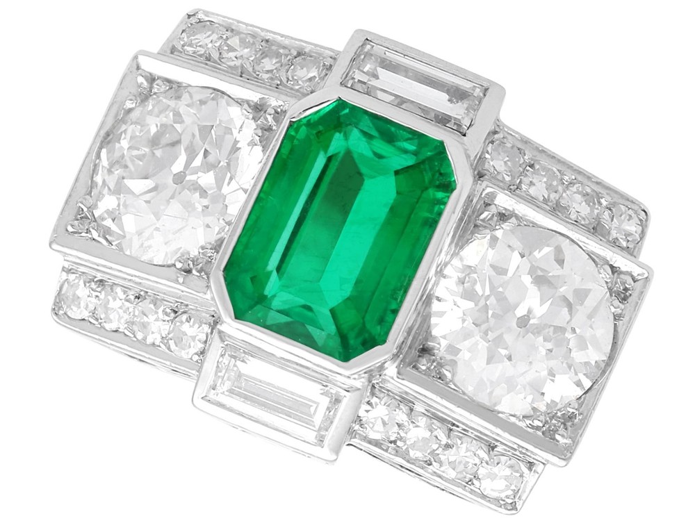 French Art Deco 1.72Ct Emerald and 3.51Ct Diamond Platinum Ring Circa 1935