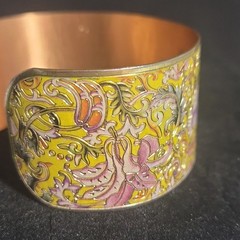 Vintage Wide Solid Copper Yellow Champleve Enamel Floral Cuff Bracelet