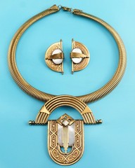 Vtg Ermani Bulatti Art Deco Mother of Pearl Gold Tone Choker Clipon Earrings Set