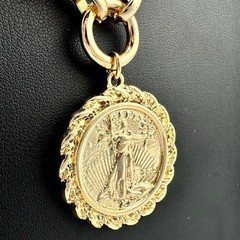 Liberty Coin Charm Brown Aventurine Beaded Gold Tone 21″ Pendant Necklace