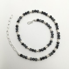Silver Schark Handmade Sterling Silver & Snowflake Obsidian Necklace 15-18” #94