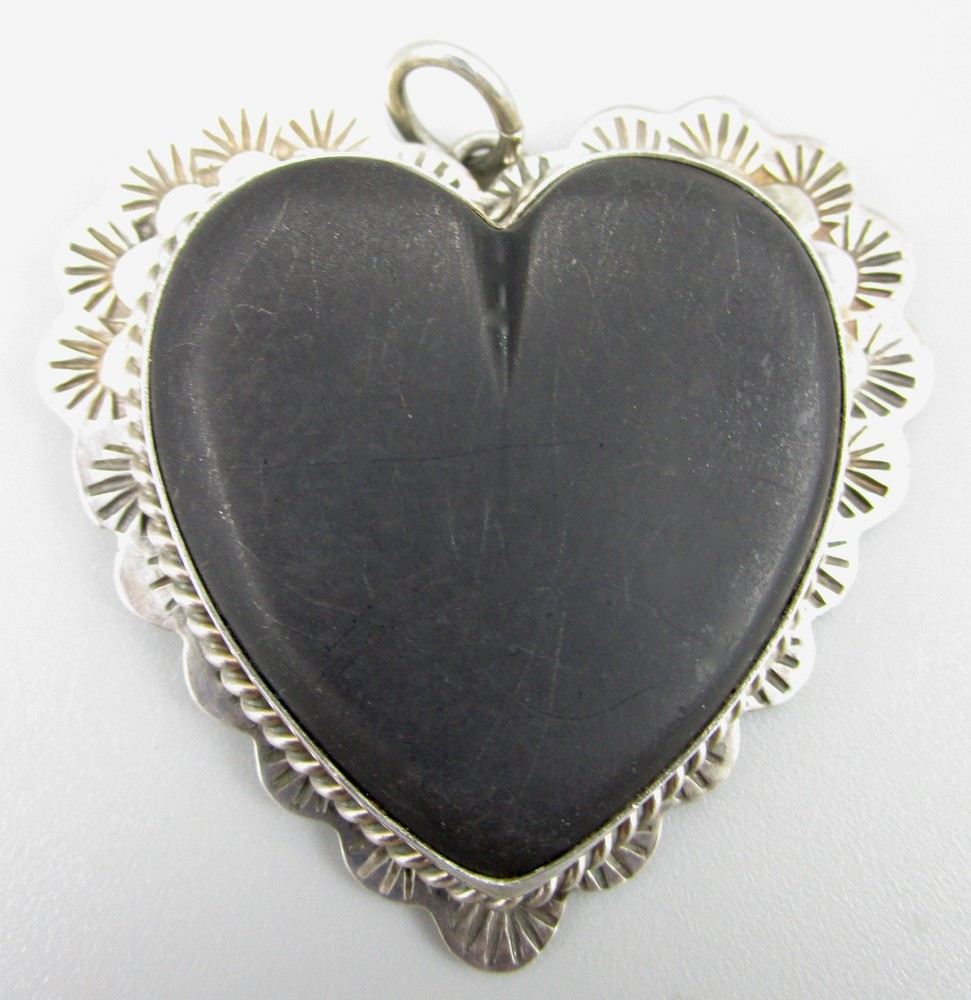 LOVELY 1 5/8″ JOAN SLIFKA STERLING BLACK ONYX DOUBLE SIDED HEART PENDANT