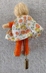 VTG Handcrafted Doll Pin Orange Holding Bear Brooch Stick Pin 2 3/4″ Worry Doll