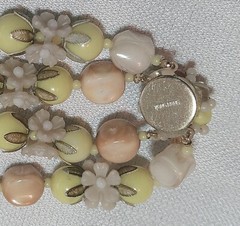 Vintage Beaded Yellow, Peach & Creme Double Strand Floral Lucite Necklace 17in