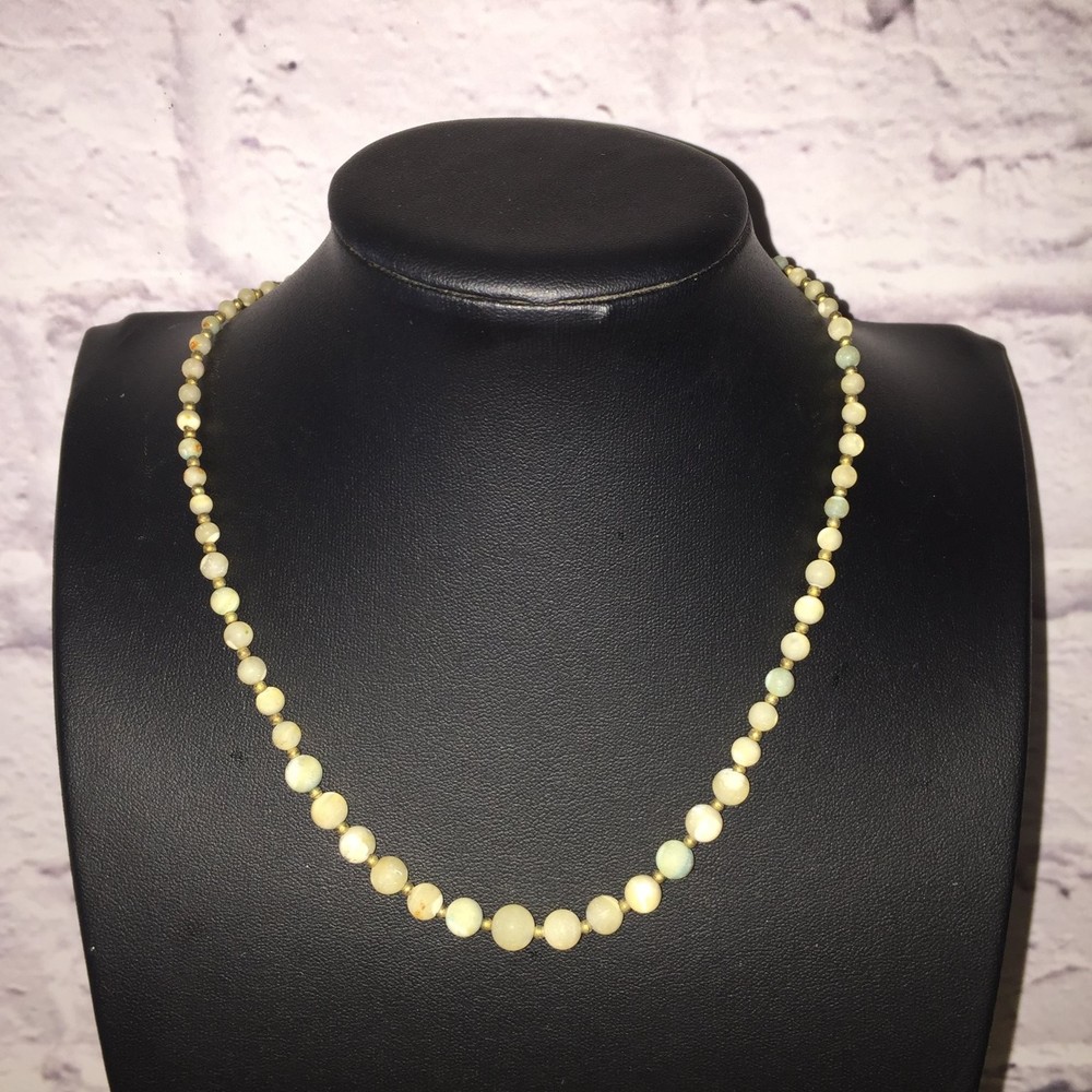 Vintage Graduated Beaded Necklace Brass Tone Cream Blue Green Boho Chic
