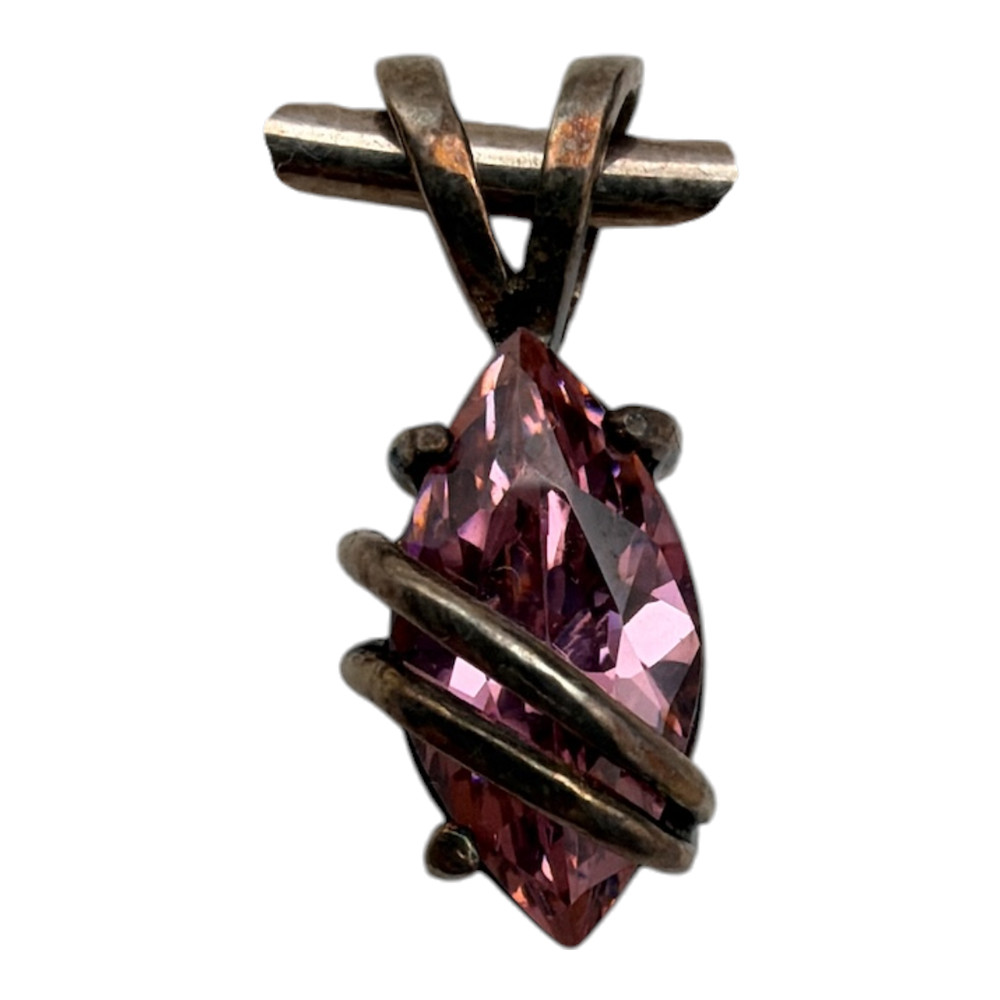 Sterling Silver Pink Stone Marquise Pendant Necklace Choker Mexico 5 3/4″ Dia.