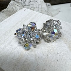 Vintage Laguna Crystal Aurora Borealis Clip-On Earrings Faceted Glass Beads