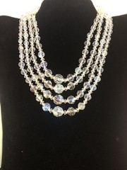 VTG. CLEAR AURORA BOREALIS FACETED BEAD 4 STRAND NECKLACE CHOKER RHINESTONE CLAS