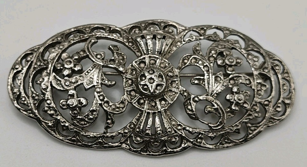 Vintage Intricate Silver Tone Filigree Scrollwork Marcasite Details Brooch Pin