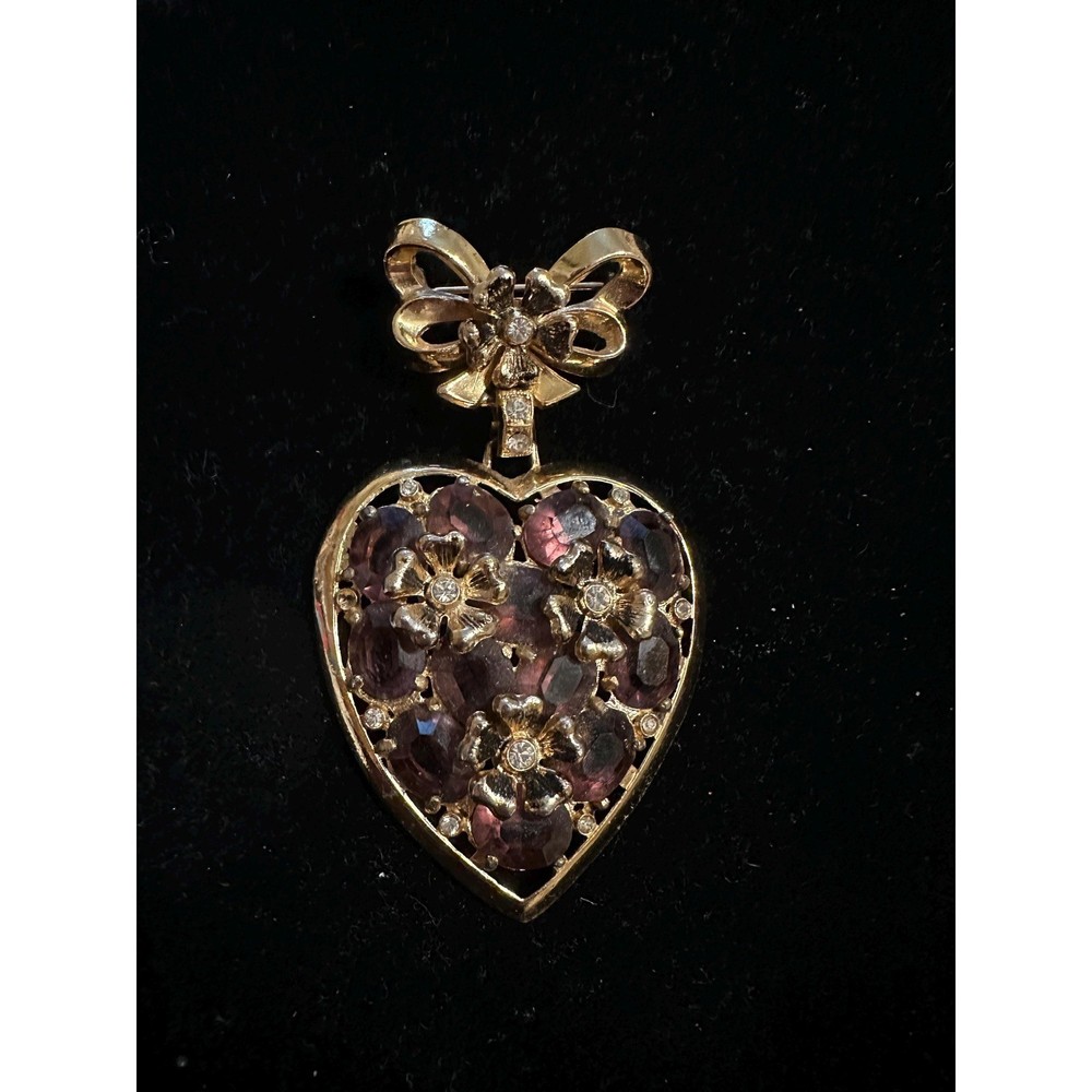 1950s Coro Heart Brooch Gold Tone & Purple Stones 3″