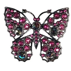 Vintage Jeweled Butterfly Brooch Pink Aurora Borealis Pin Rhinestone 2.25″