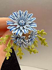 Vintage Corocraft enamel flower Brooch Pin with leaves blue green signed 50s-60s