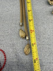 Vintage Mesh Lariat Necklace Earrings Gold Tone Rhinestones Colored Stones READ