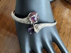 Vintage European 800 Silver Brutalist Bypass Bangle Bracelet Amethyst Cabochon