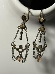 Antique Chandelier Peach Beads Earrings Alloy Metal Self Clasp Beautiful 2inch