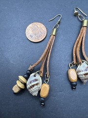 Vintage Brown Boho 3” Earrings Shell Wood Leather Earrings
