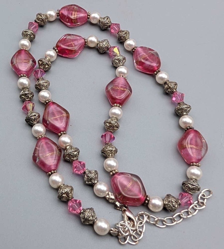 Vtg Czech Pink Foil Art Glass Bead Necklace Mid Century Princess 18″ Bohemian