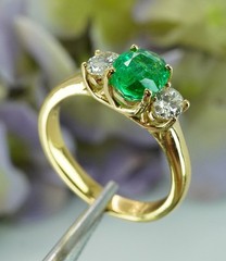 Hammerman Brothers Vintage Emerald Oval Diamond 3 Stone Ring 18K Gold