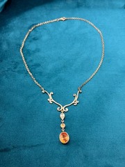 Sterling Silver Victorian Revival Necklace Orange Clear Stones Artisan Made 16.5