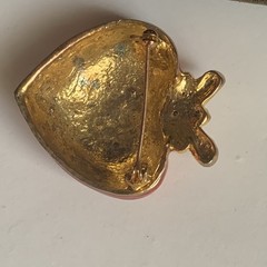 Vintage Red Enamel Puffy Heart with Rhinestone Gold tone Bow Pin Brooch