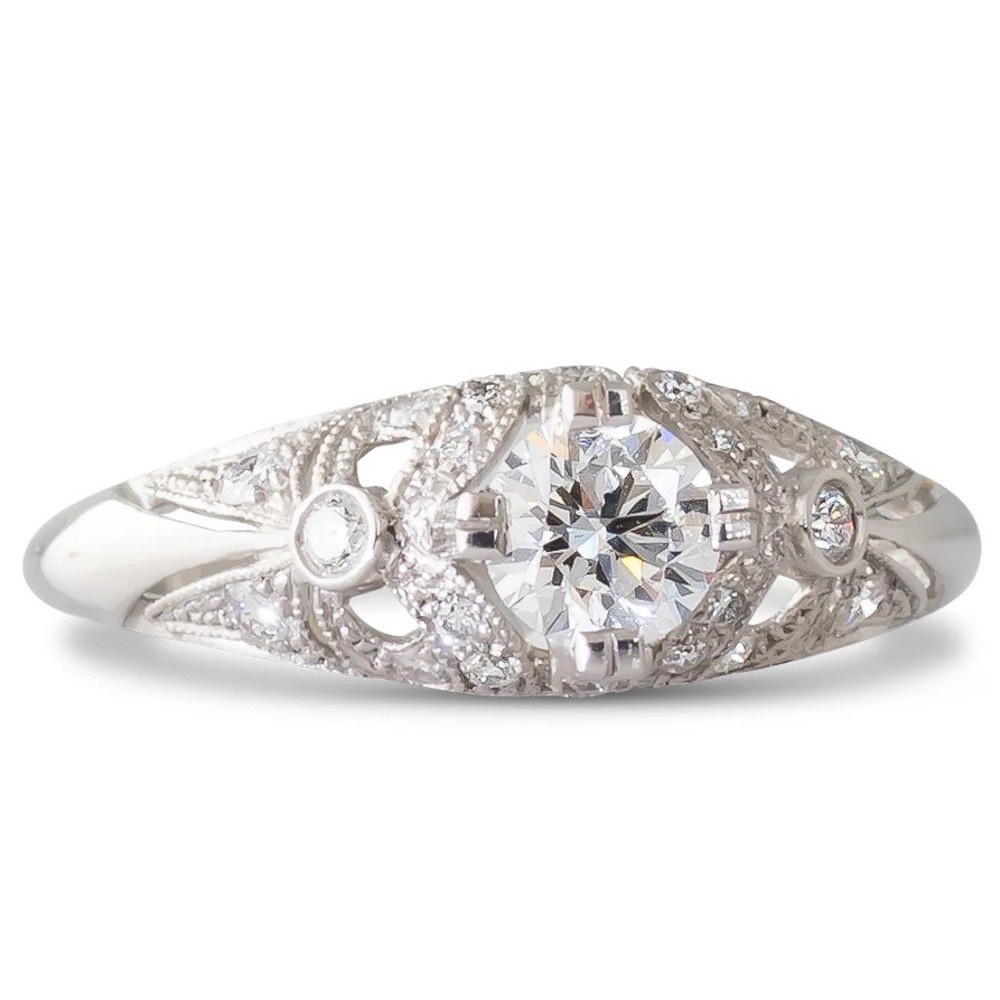 Art Deco Vintage 0.80 Ct Round Moissanite Filigree Ring Antique Milgrain Bridal