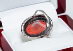 935 Silver – Antique Art Deco Ring – Coral And Markasite – Black Enamel