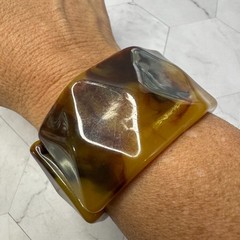 Vintage Lucite Cuff Bracelet Faux Tortoise Metal Panel Wide Modernist Sculptural