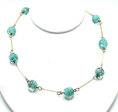 Murano Sommerso Lampwork Art Glass Gold Ocean Aqua Beaded Station Necklace VTG