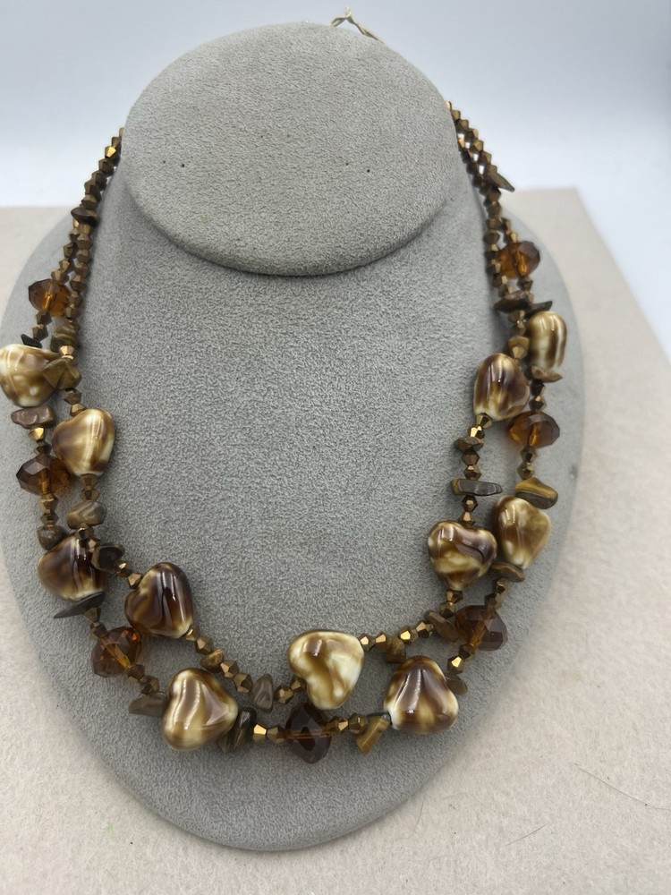 Vintage Tigers Eye Glass Heart Brown Necklace
