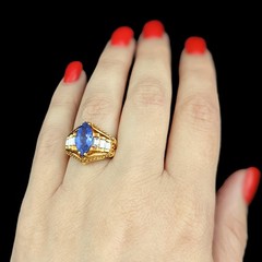 GIA Cert Vintage Tanzanite Baguette Cut Diamond 18k Yellow Gold Statement Ring