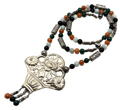 Vintage Chinese Lotus Pendant Necklace Semi Precious Stone Bead Amulet Statement