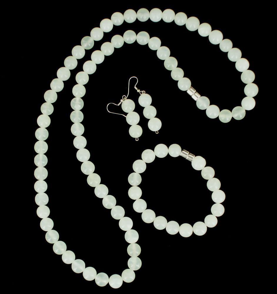 Vintage 80’s Prehnite 12mm Round Bead Necklace, Bracelet Earring Jewelry Set 34″