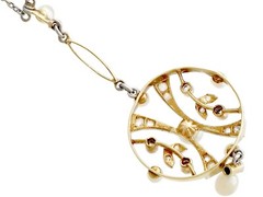 Antique 0.24 Ct Diamond and Seed Pearl, 14k Yellow Gold Pendant, Circa 1910