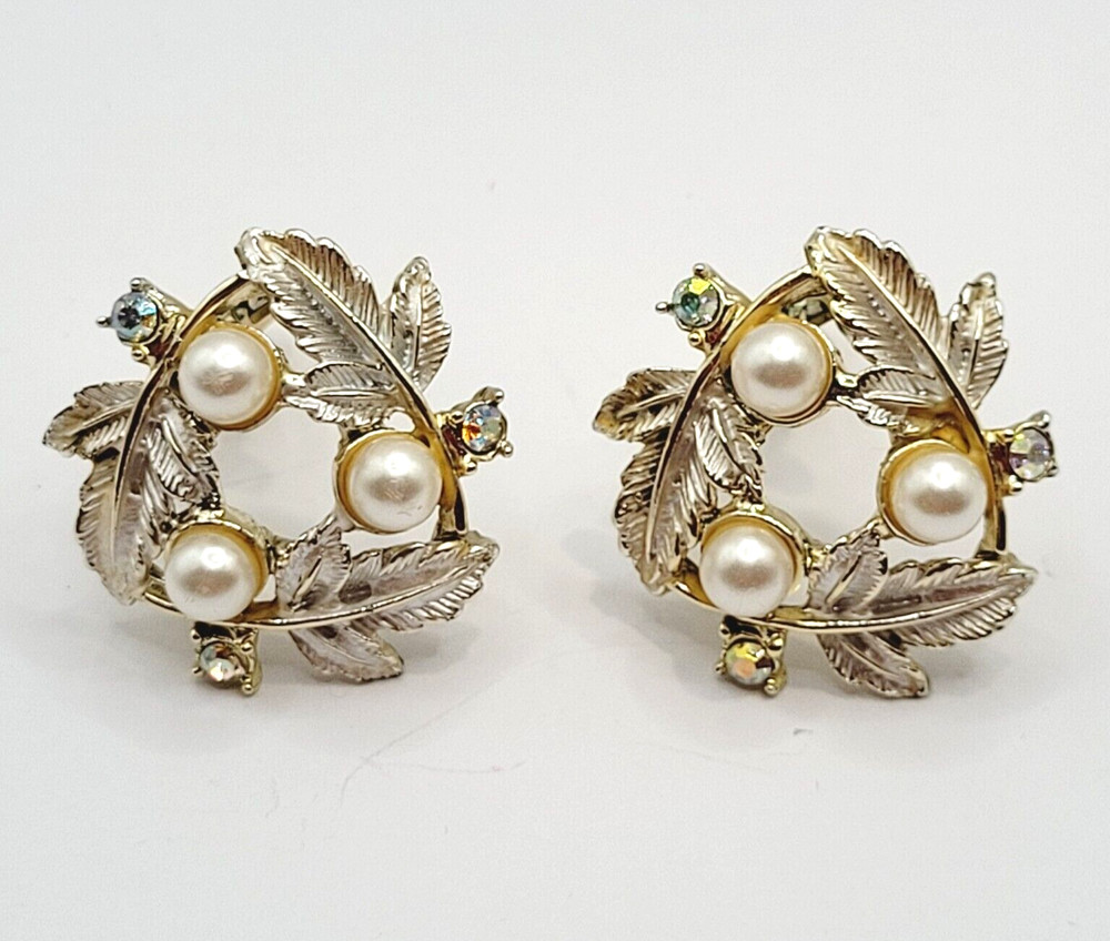 Judy Lee Leaf Leaves Wreath with Faux Pearls & Crystals Vintage Clip On Earrings