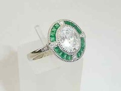 Art Deco Style Lab Created Diamond & Emerald Engagement 14K White Gold FN Ring