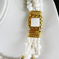 Vintage White Multi Strand Necklace Silver & Gold Spacers Ornate Clasp