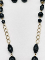 VTG Black Beaded Long Strand with Tassel Necklace Earrings Set Retro Boho Chic