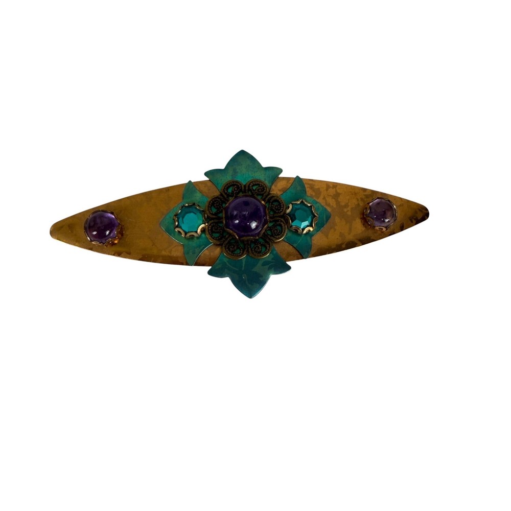 Vintage Copper Verdigris Brooch Purple Teal Crystal Floral Filigree Pin 2.5″