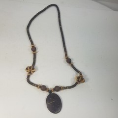 Wood Bead Necklace Flat Slices Disc Boho 29 in Pendant Naturecore Wooden