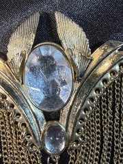 VTG Egyptian Revival Rhinestone & Pearl Statement Brooch Gold Tone Chains 3.5 In