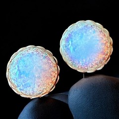 Opal Glass Clip On Earrings Iridescent Dome Gold Tone Vintage Mid Century