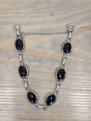 Silver Tone Faux Black Onyx Glass Oval Gemstone Bracelet
