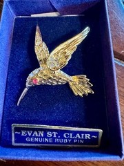 Evan St. Clair Hummingbird Brooch Genuine Ruby Pin w/ Box Vintage Jewelry